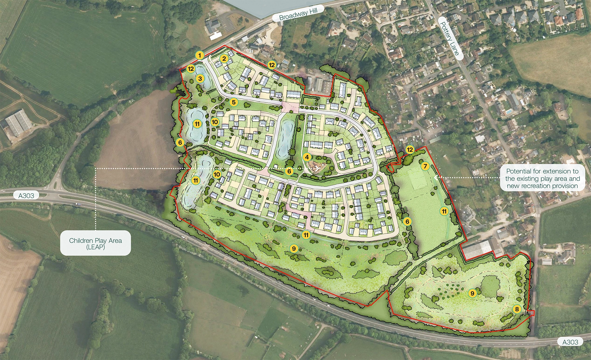 The homes would be built on fields off Broadway Hill, in Horton. Pictures: Google/Nexus Planning/Somerset Council