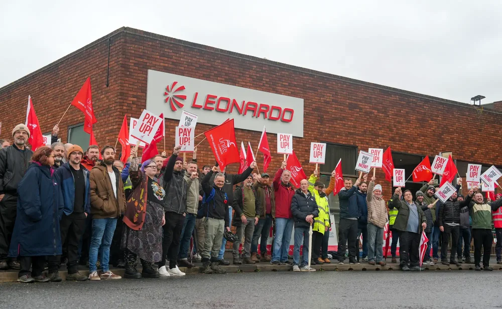Leonardo workers on the picket line in Yeovil. Picture: Unite