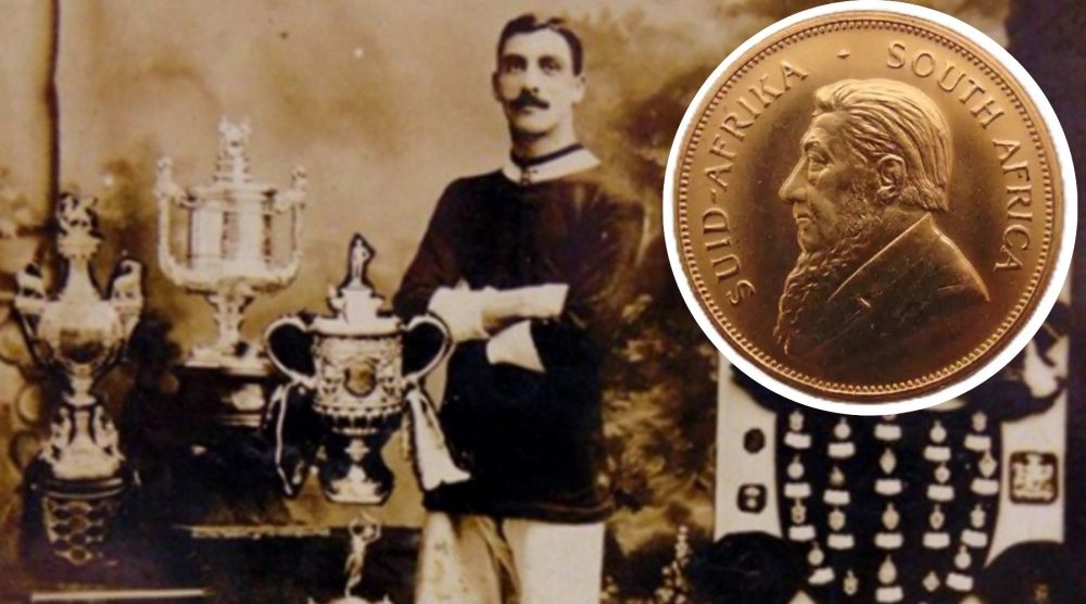 The postcard featuring William 'Billy' Meredith and inset, the Krugerrand. Pictures: GTH