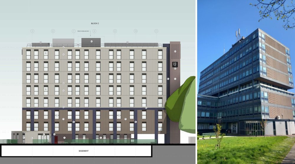 How the development of Block C in Taunton could look, left, and how it looks now, right. Pictures: Prime/Somerset Council