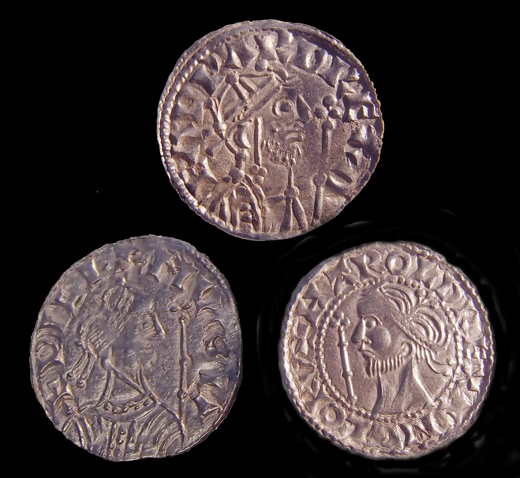 Chew Valley Hoard coins issued by Edward, top, William I, left, and Harold II, right. Picture: British Museum