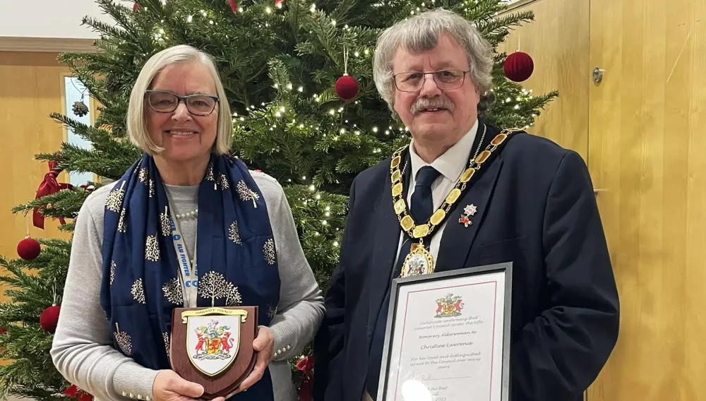 Christine Lawrence, with Cllr Mike Best, served on councils in Somerset for more than three decades. Picture: Somerset Council