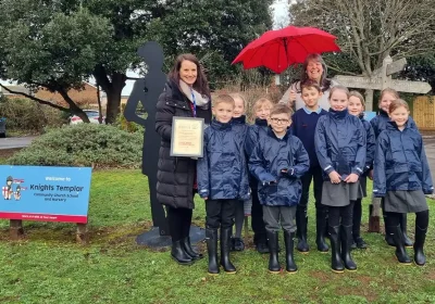 Youngsters from Knights Templar school donning their donated waterproofs and wellies. Picture: Somerset Council