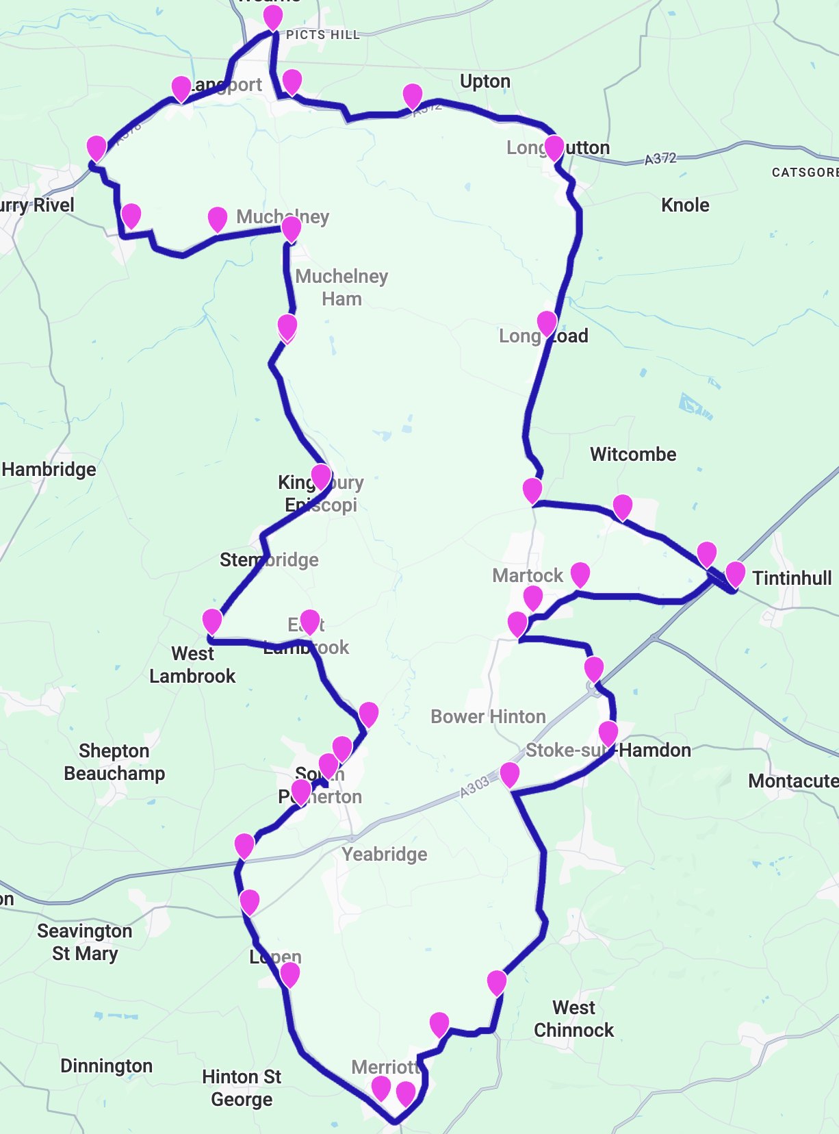The route of the 2026 New Year's Day tractor run in South Somerset