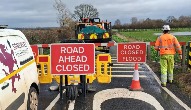 The A361 between Burrowbridge and East Lyng has closed again after a rise in water levels. Picture: Somerset Council