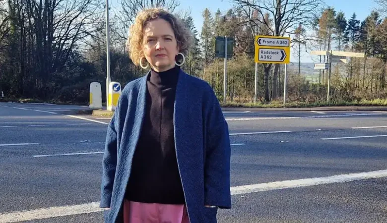 Frome & East Somerset MP Anna Sabine at the Terry Hill crossroads, near Radstock