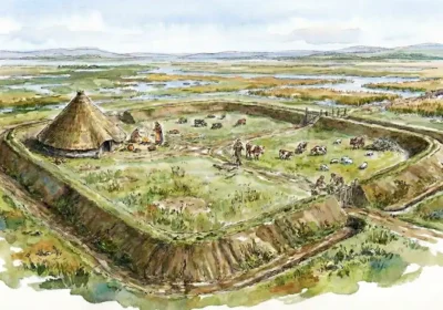 An artist impression of how a Middle Bronze Age farmstead at Middlezoy might have looked
