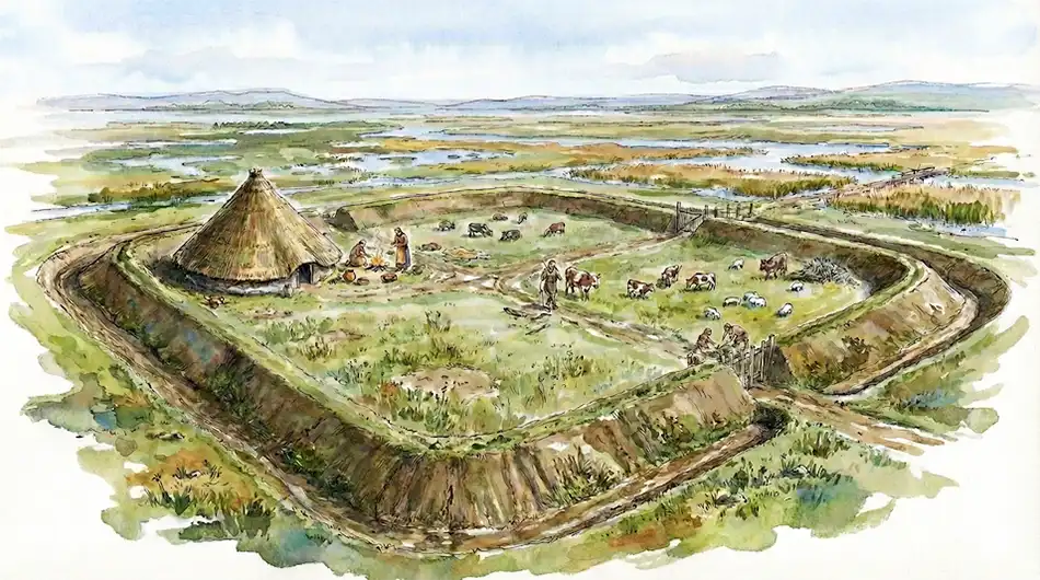 An artist impression of how a Middle Bronze Age farmstead at Middlezoy might have looked