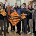 Lib Dems, including MP Gideon Amos and new councillor George Western, celebrate the wun in Wellington