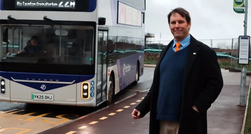 Cllr Wilkins at the new park and bus site at Comeytrowe, Taunton. Picture: Somerset Council