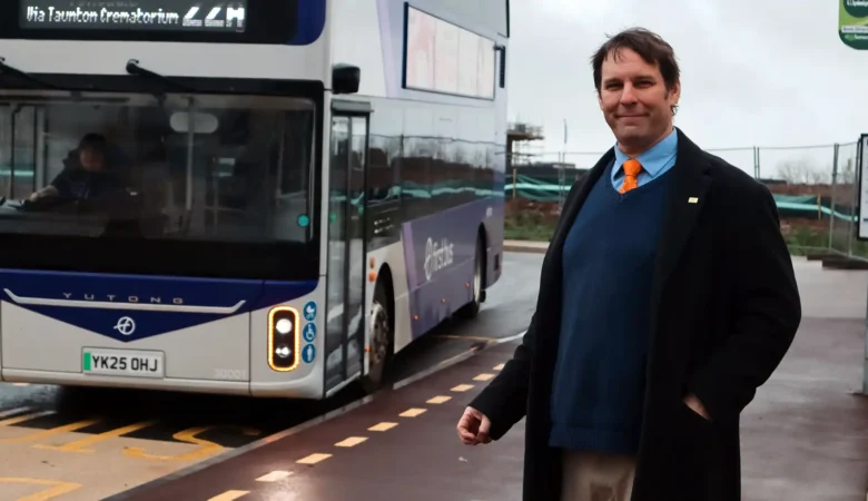 Cllr Wilkins at the new park and bus site at Comeytrowe, Taunton. Picture: Somerset Council