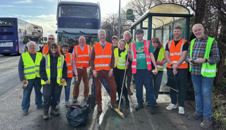 The community clean-up team, including MP Gideon Amos, on the A38 between Taunton and Wellington