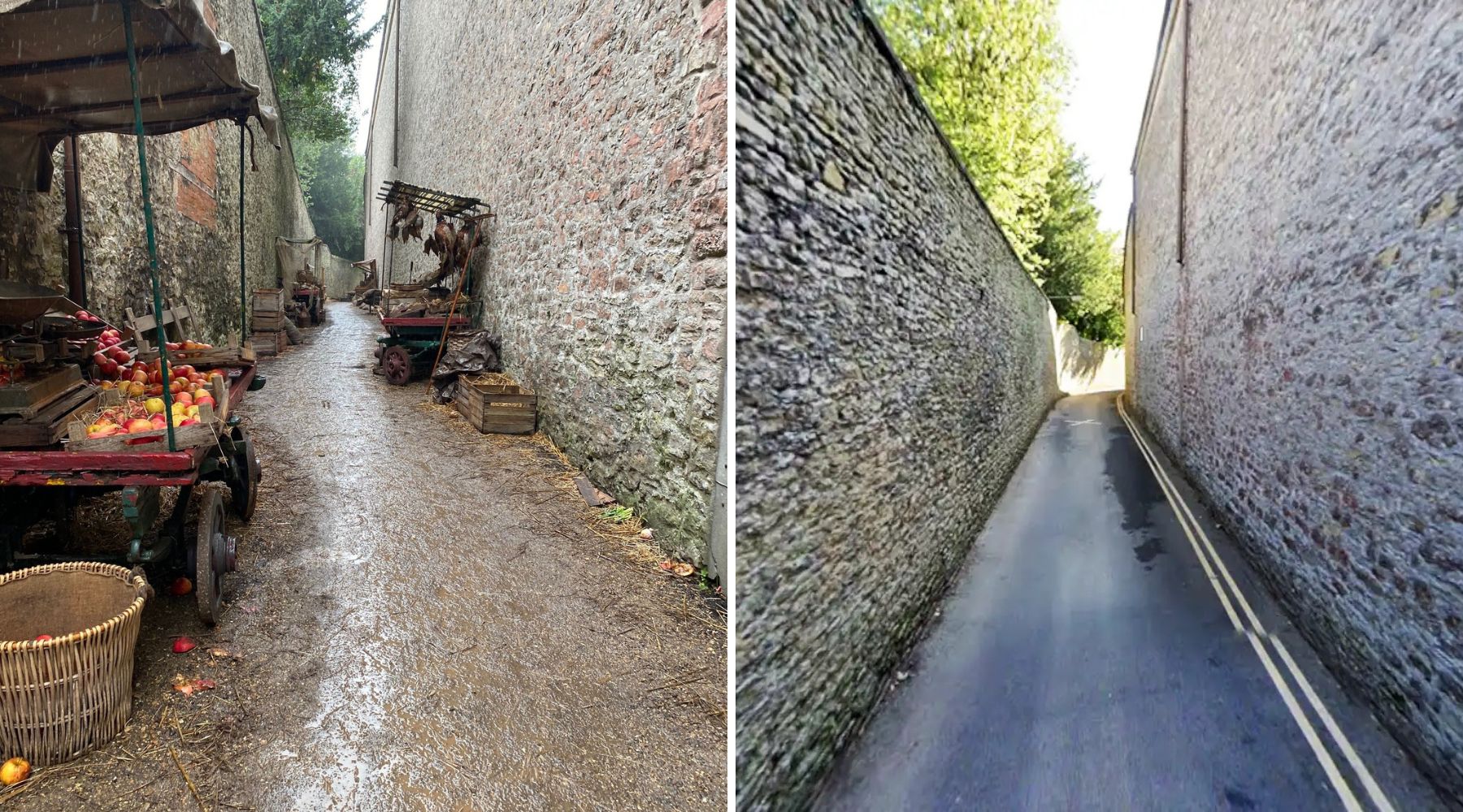 Frithfield Lane, in Shepton Mallet, was transformed for the Young Sherlock production, left. Pictures: Somerset Council/Google