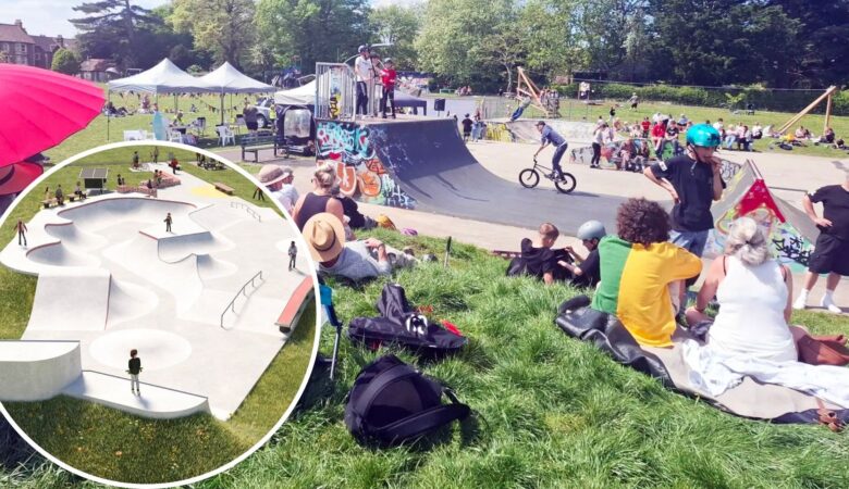 The new-look Frome Skatepark, inset, is set to replace ageing facilities in Mary Baily Park. Pictures: FTC