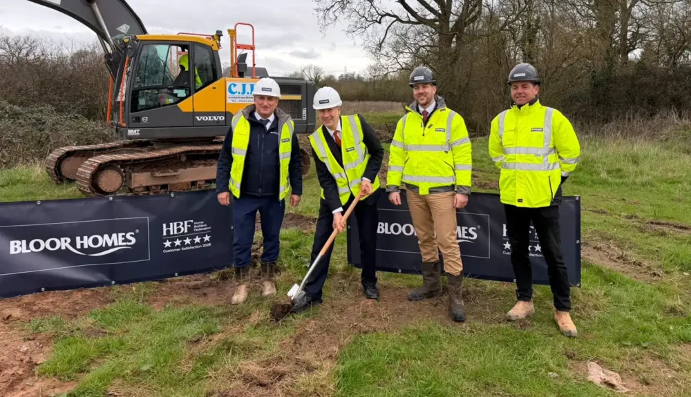 Gideon Amos MP, centre, breaks ground alongside Bloor Homes' construction director Paul Cummins, left, senior land director John Parry, centre right, and contracts manager Kurt Henson, right