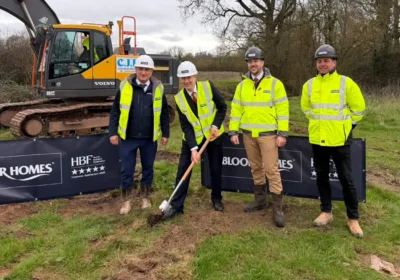 Gideon Amos MP, centre, breaks ground alongside Bloor Homes' construction director Paul Cummins, left, senior land director John Parry, centre right, and contracts manager Kurt Henson, right